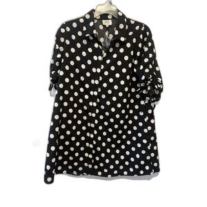 HER Destiny Black White Polka Dot Button Front Ruched Sleeve Blouse L